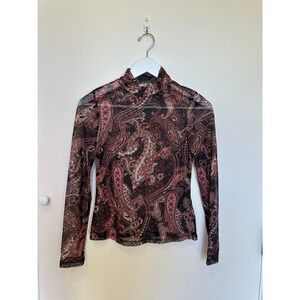 Sheer Paisley Mock Neck Long Sleeve Top Women's Black Red M
